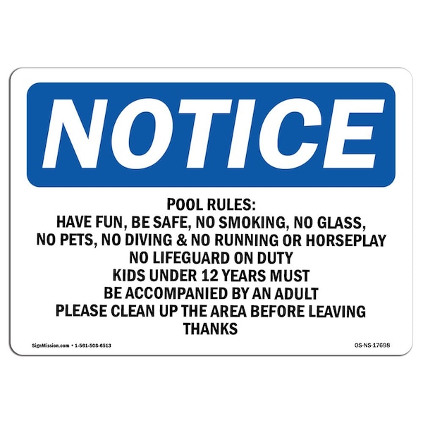 Safety Sign, OSHA Notice, 12" Height, Pool Rules No Running No Rough Play No Sign, Landscape